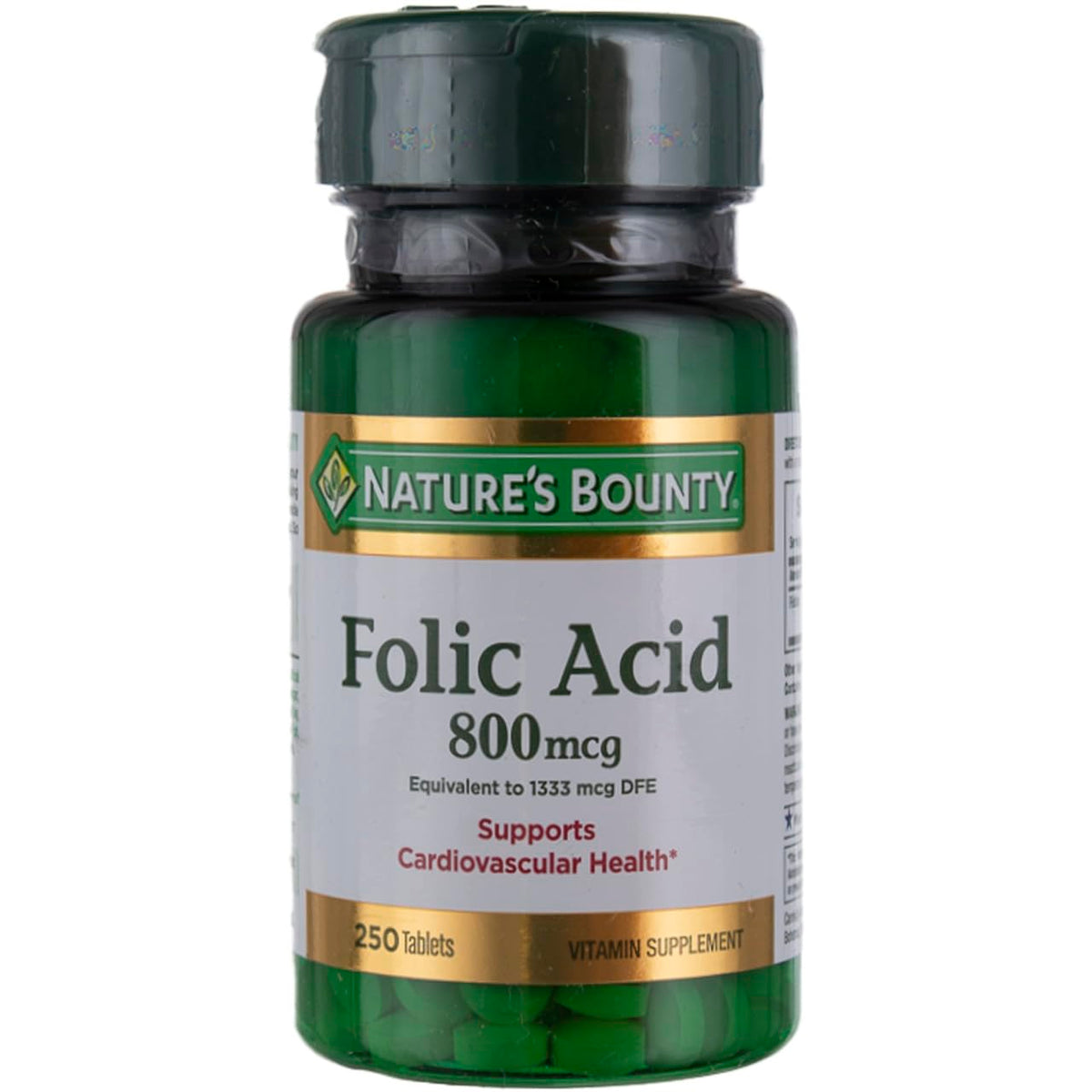 Nature's Bounty folic acid bottle front showing 800mcg strength for daily support