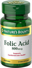 Nature's Bounty folic acid 800 mcg bottle front highlighting product identity and health focus.