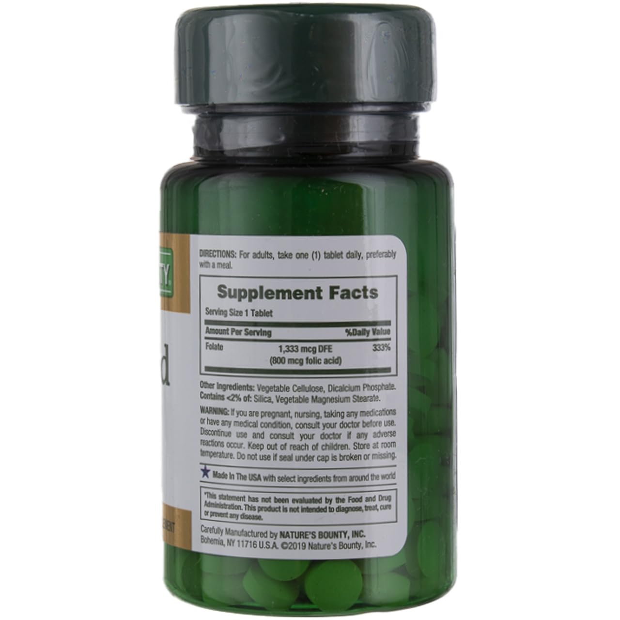 Close-up of folic acid label highlighting 800mcg dosage and bulk-pack