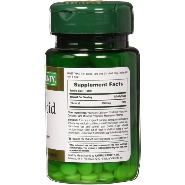 Label view of Nature's Bounty folic acid 800 mcg bottle with key details visible.