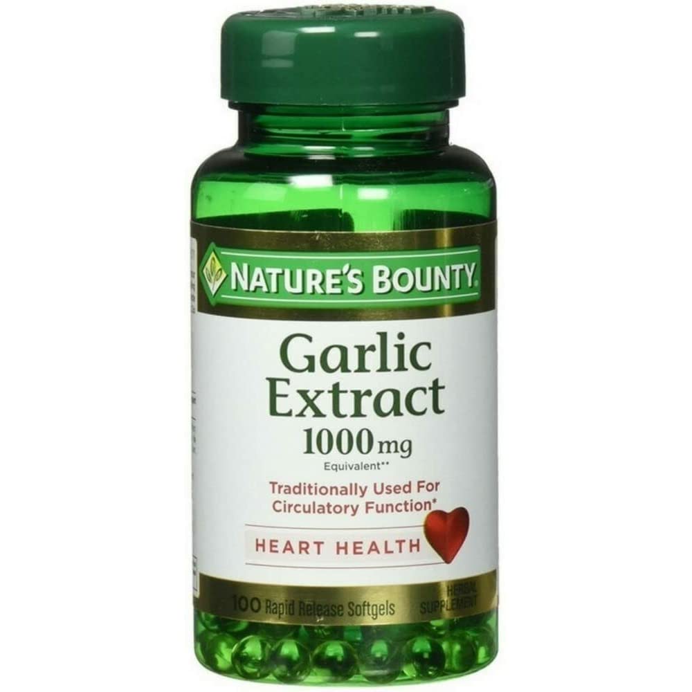 Closeup of Nature's Bounty garlic extract capsules for antioxidant support