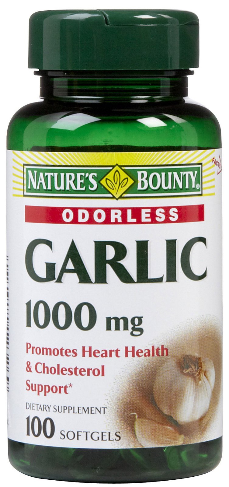 Nature's Bounty garlic softgels bottle, 1000 mg, odorless and easy to swallow.