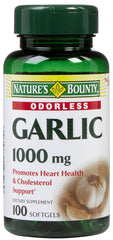 Nature's Bounty garlic softgels bottle, 1000 mg, odorless and easy to swallow.