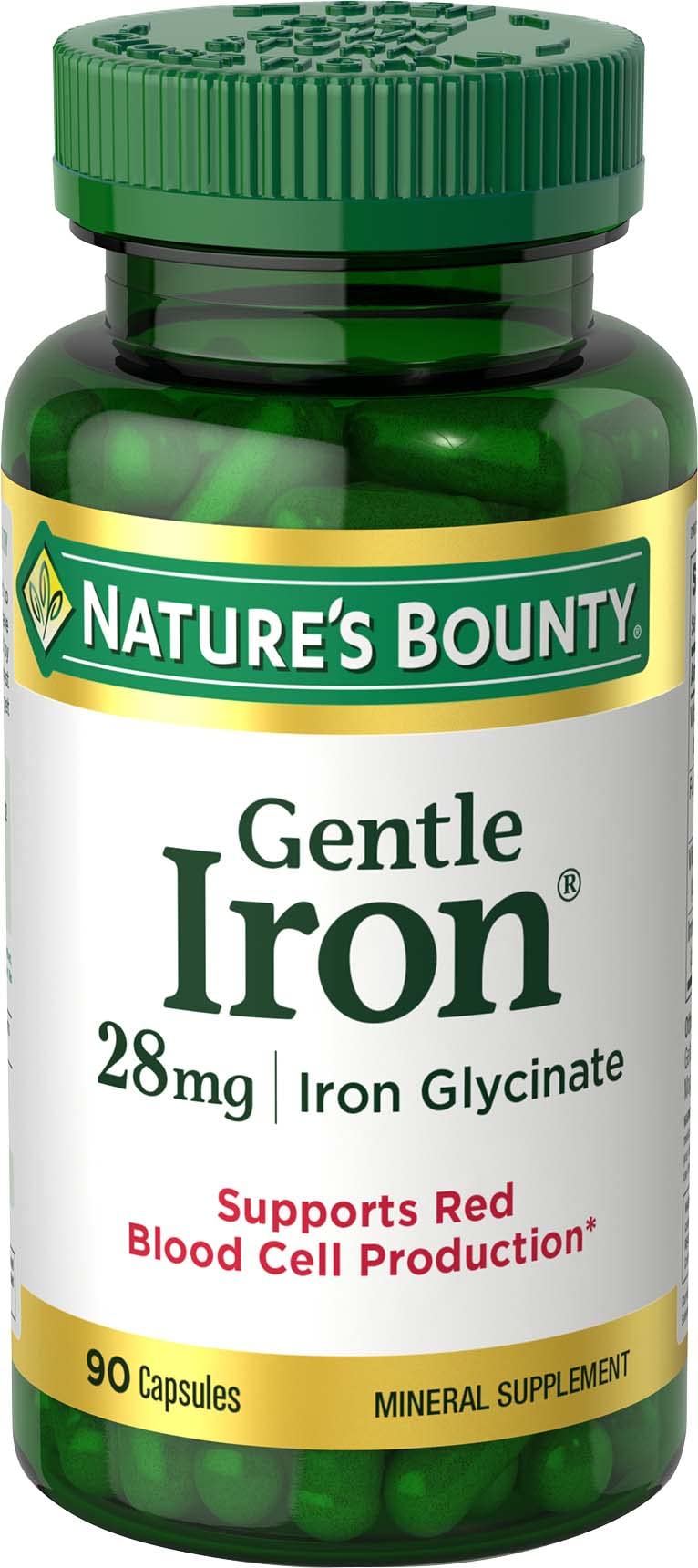 Nature's Bounty Gentle Iron 28 mg capsules on a three-pack bottle front, highlighting bottle design and packaging