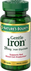 Nature's Bounty Gentle Iron 28 mg capsules on a three-pack bottle front, highlighting bottle design and packaging