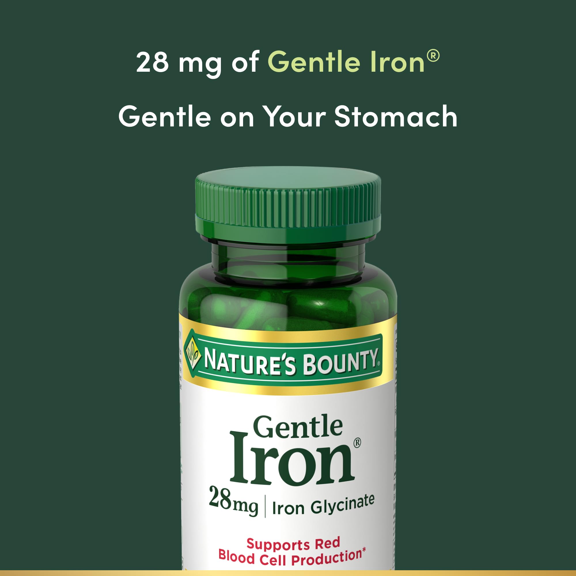 Close-up of Nature's Bounty Gentle Iron 28 mg capsules showing the glossy capsules