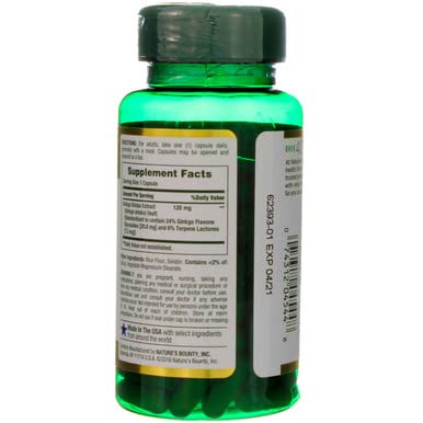 Nature's Bounty Ginkgo Biloba bottle back label with nutrition facts