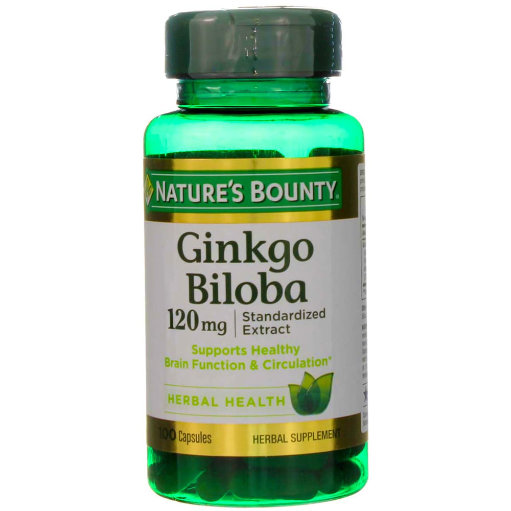 Nature's Bounty Ginkgo Biloba bottle front showing 120 mg extract for daily focus
