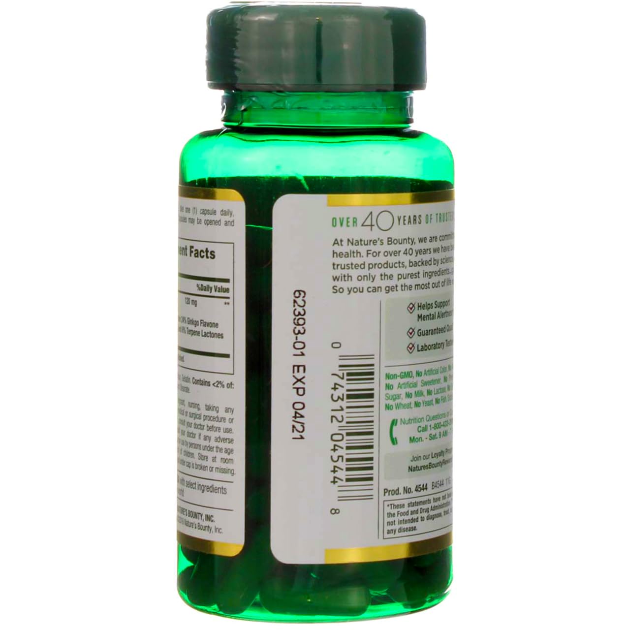 Nature's Bounty Ginkgo Biloba capsule close-up highlighting 120 mg extract for daily cognitive support