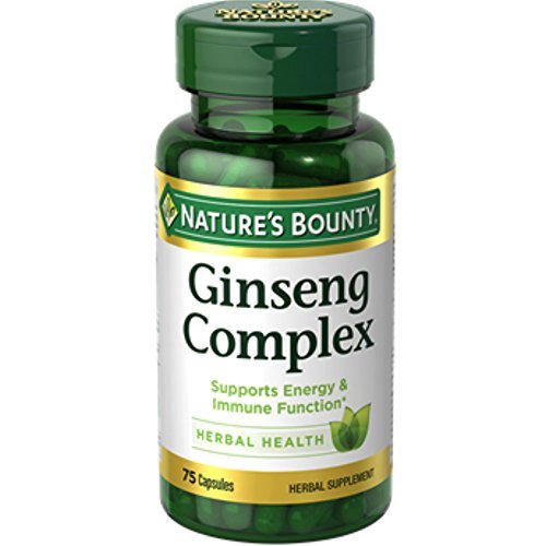 Nature's Bounty Ginseng Complex capsules bottle view, supports daily energy and overall wellness.