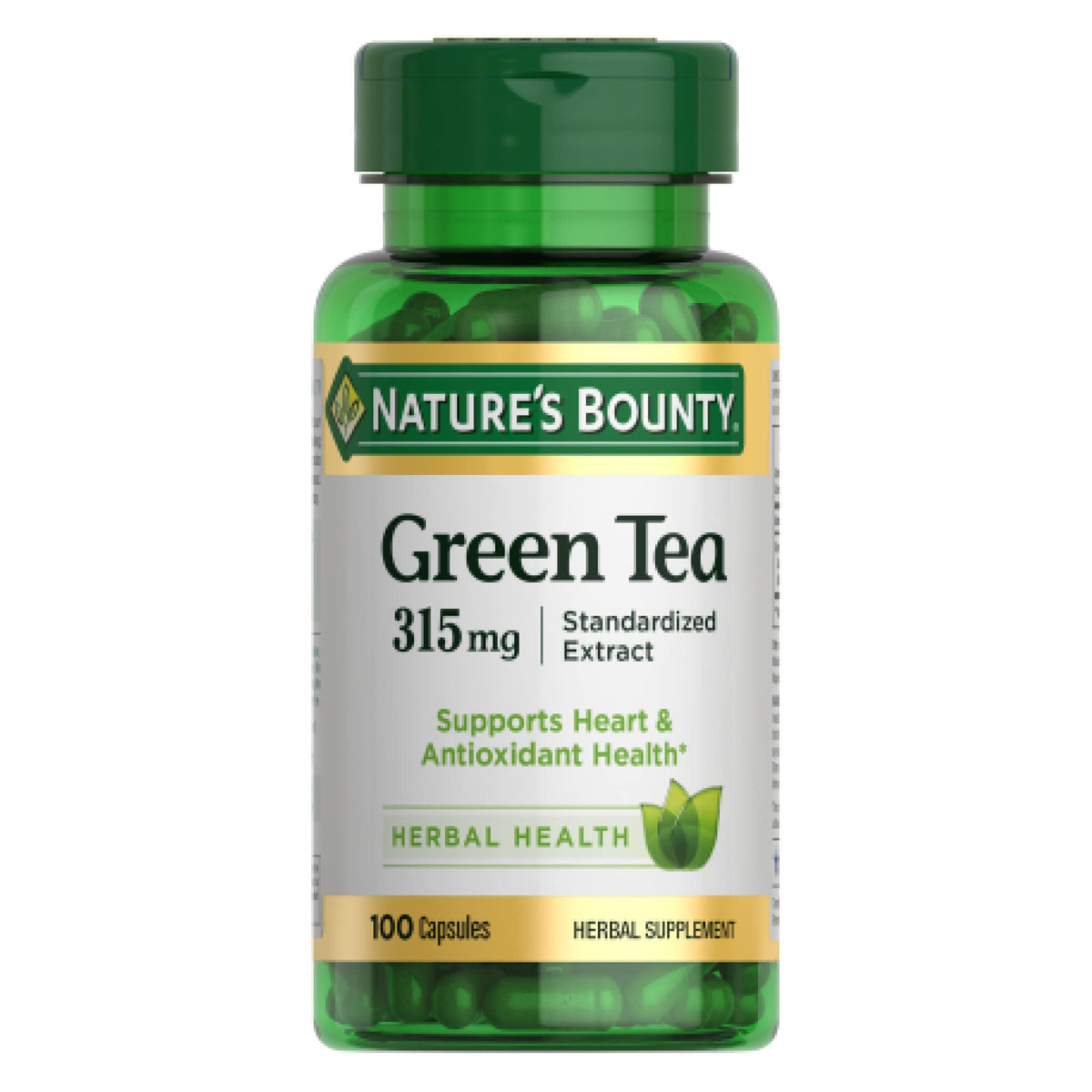 Nature's Bounty Green Tea pills bottle showing capsules for antioxidant support