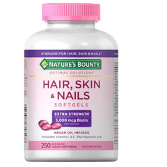 Nature's Bounty Hair Skin Nails bottle front - biotin 5000 mcg for daily beauty support.