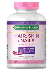 Nature's Bounty Hair, Skin & Nails bottle label showing ingredients and benefits