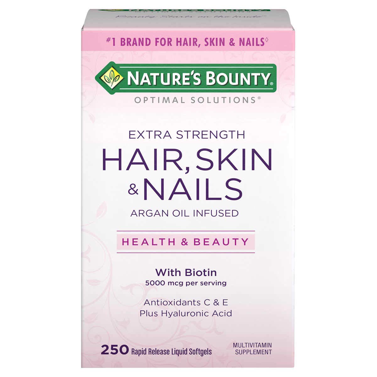 Nature's Bounty Hair Skin Nails tablets on bottle, designed to support healthy nails and vibrant skin.