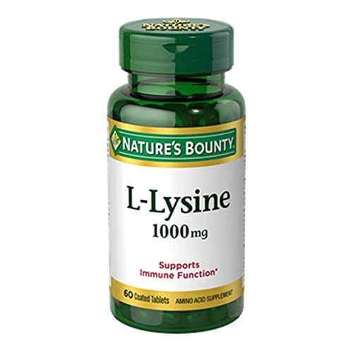 Nature's Bounty L-Lysine 1000mg bottle front; supports protein synthesis and skin health.