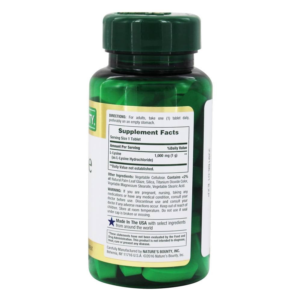 Nature's Bounty L-Lysine 1000mg bottle on kitchen shelf for convenient use.
