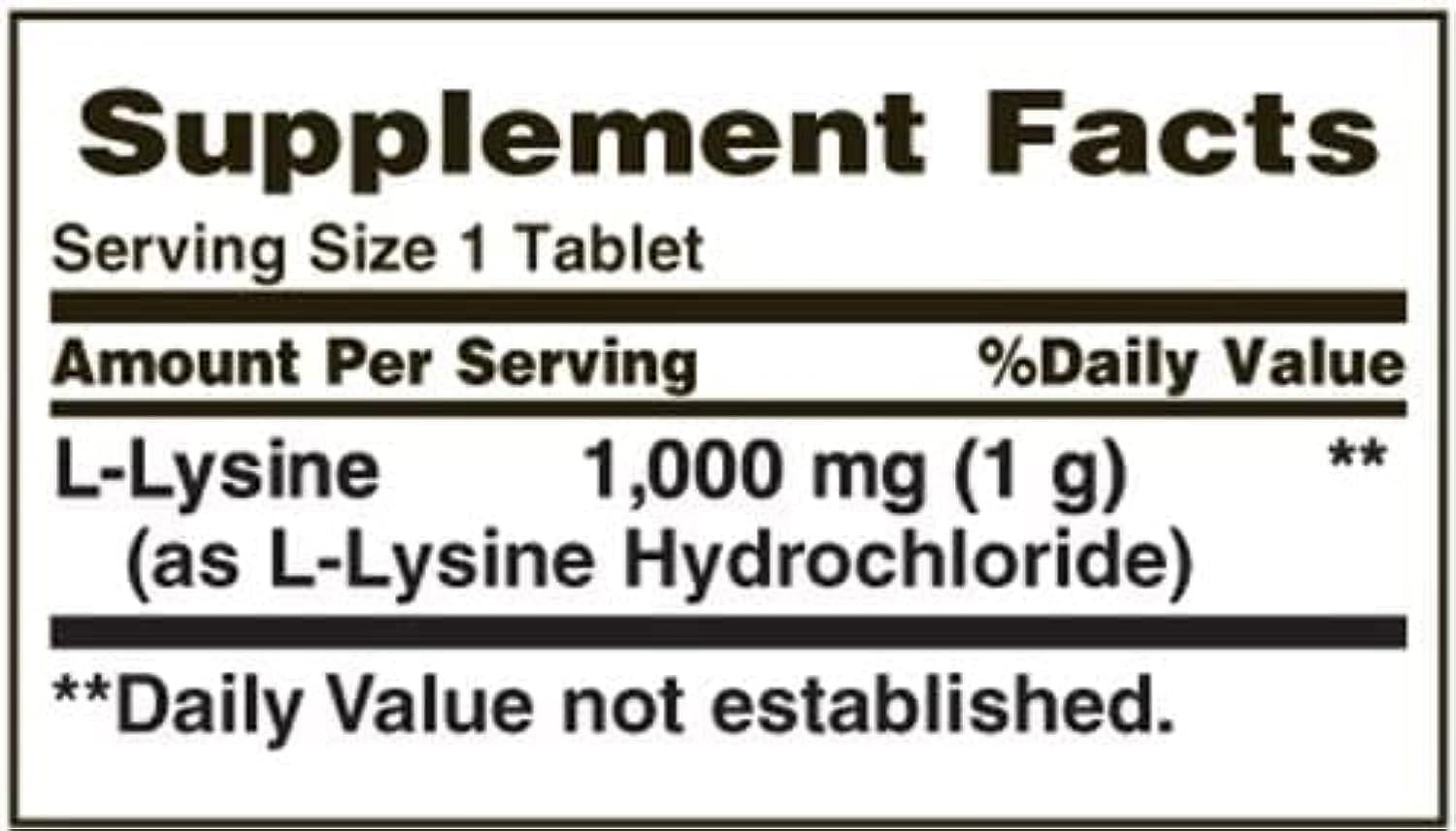 Nature's Bounty lysine tablets on countertop, daily supplementation idea.