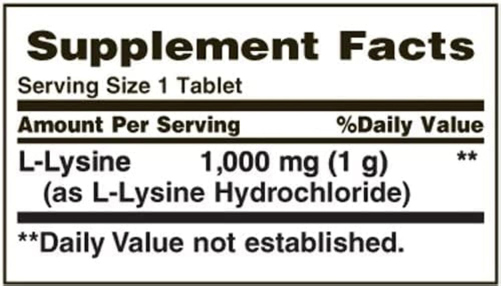 Nature's Bounty lysine tablets on countertop, daily supplementation idea.