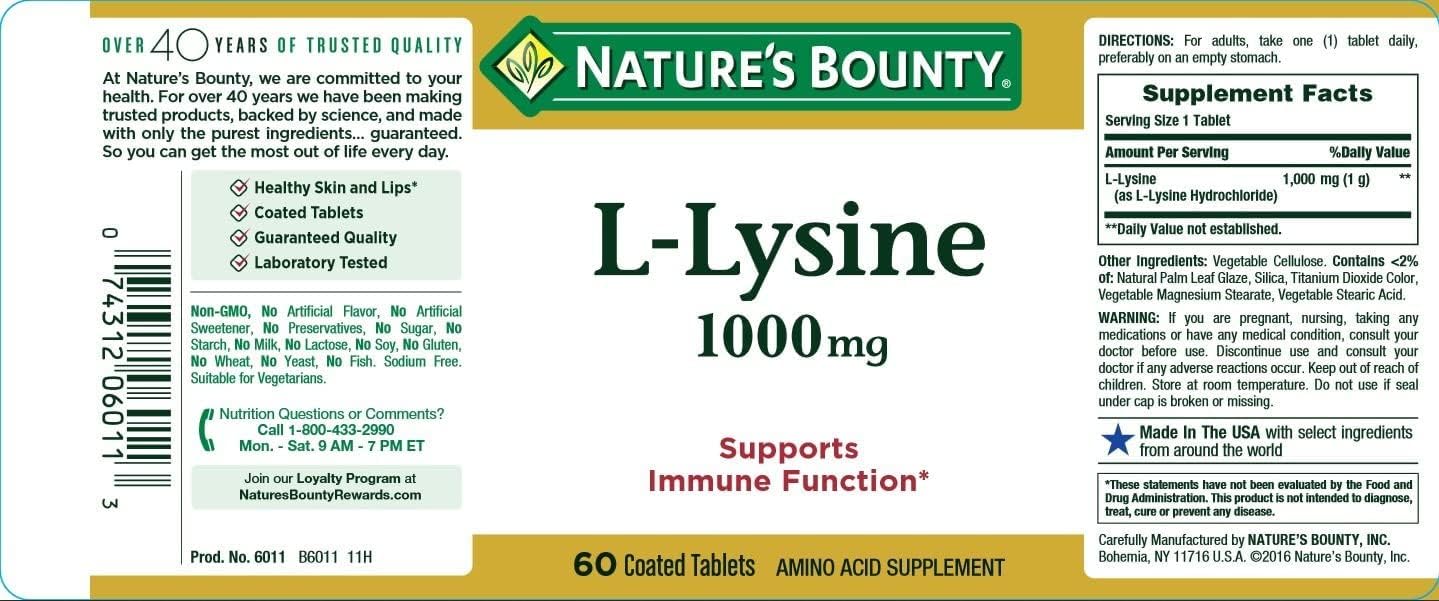 Nature's Bounty L-Lysine 1000 mg, multi-pack display, convenient dosing.