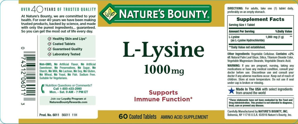 Nature's Bounty L-Lysine 1000 mg, multi-pack display, convenient dosing.
