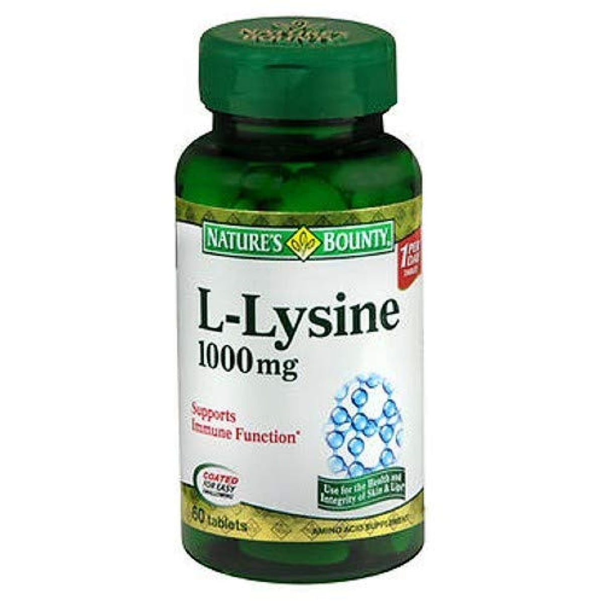 Nature's Bounty L-Lysine 1000 mg tablets bottle front, signaling immune support.
