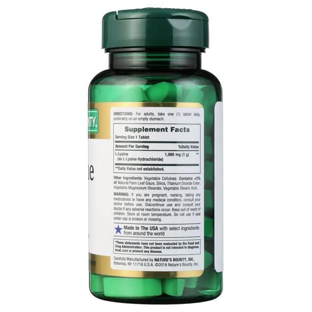 Nature's Bounty L-Lysine 1000 mg bottle close-up, emphasizes skin health benefits.