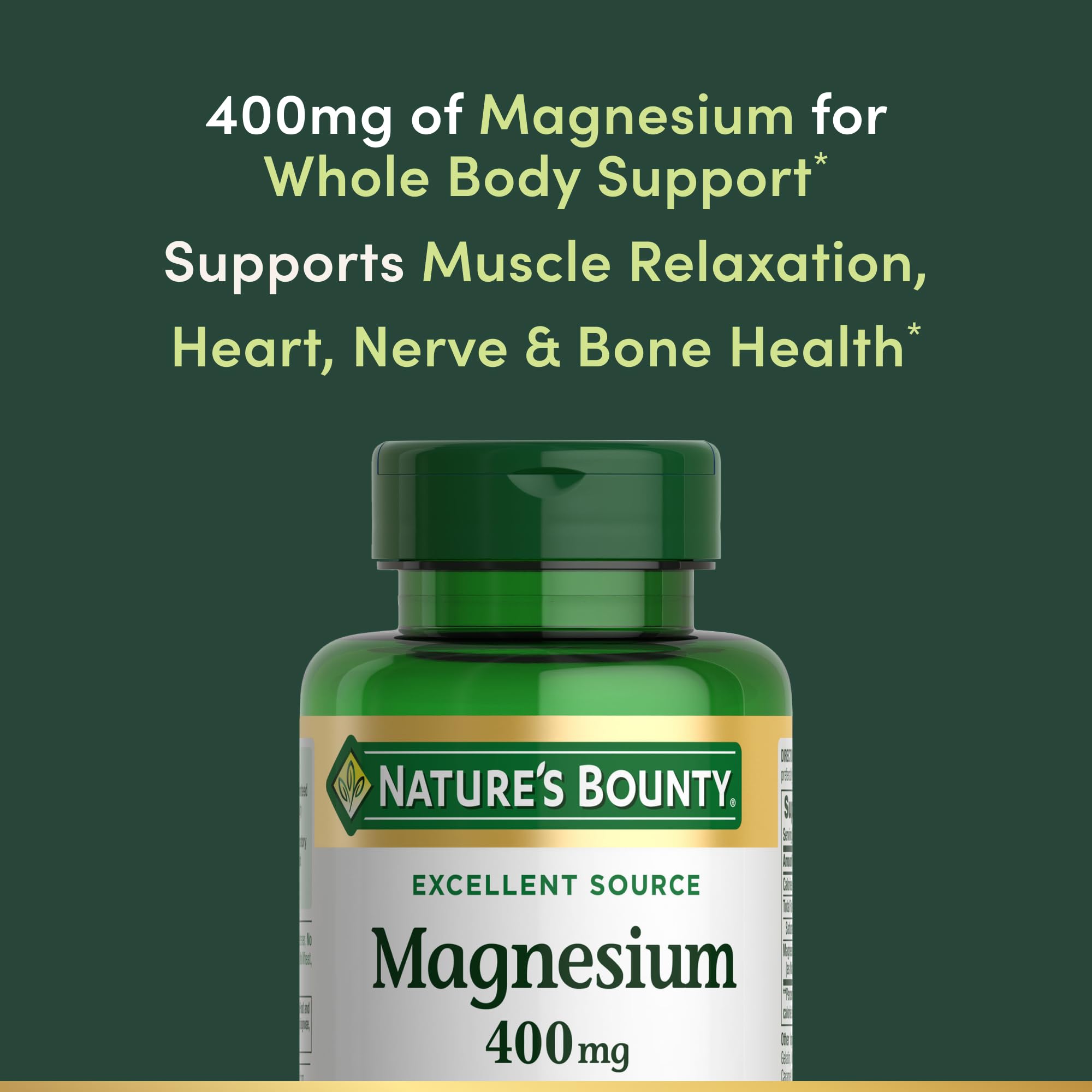 Nature's Bounty Magnesium 400 mg softgel being poured for easy dosing