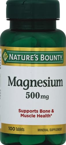 Nature's Bounty Magnesium 500 mg bottle back, non-GMO and vegetarian-friendly formulation.