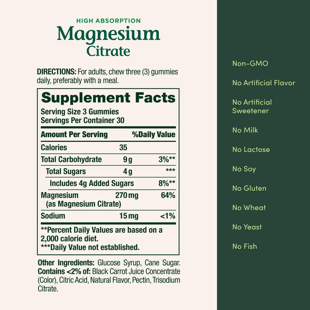 Nature's Bounty Magnesium Citrate Gummies ingredients focus on citrate form