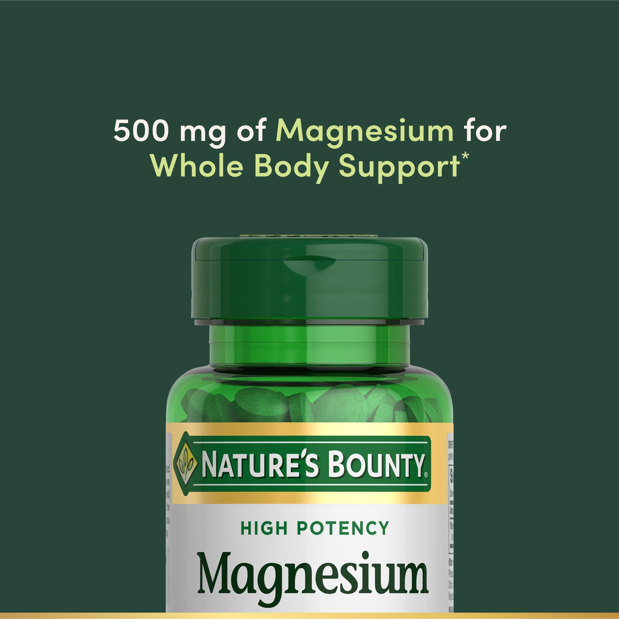 Nature's Bounty Magnesium label highlights 500 mg per tablet