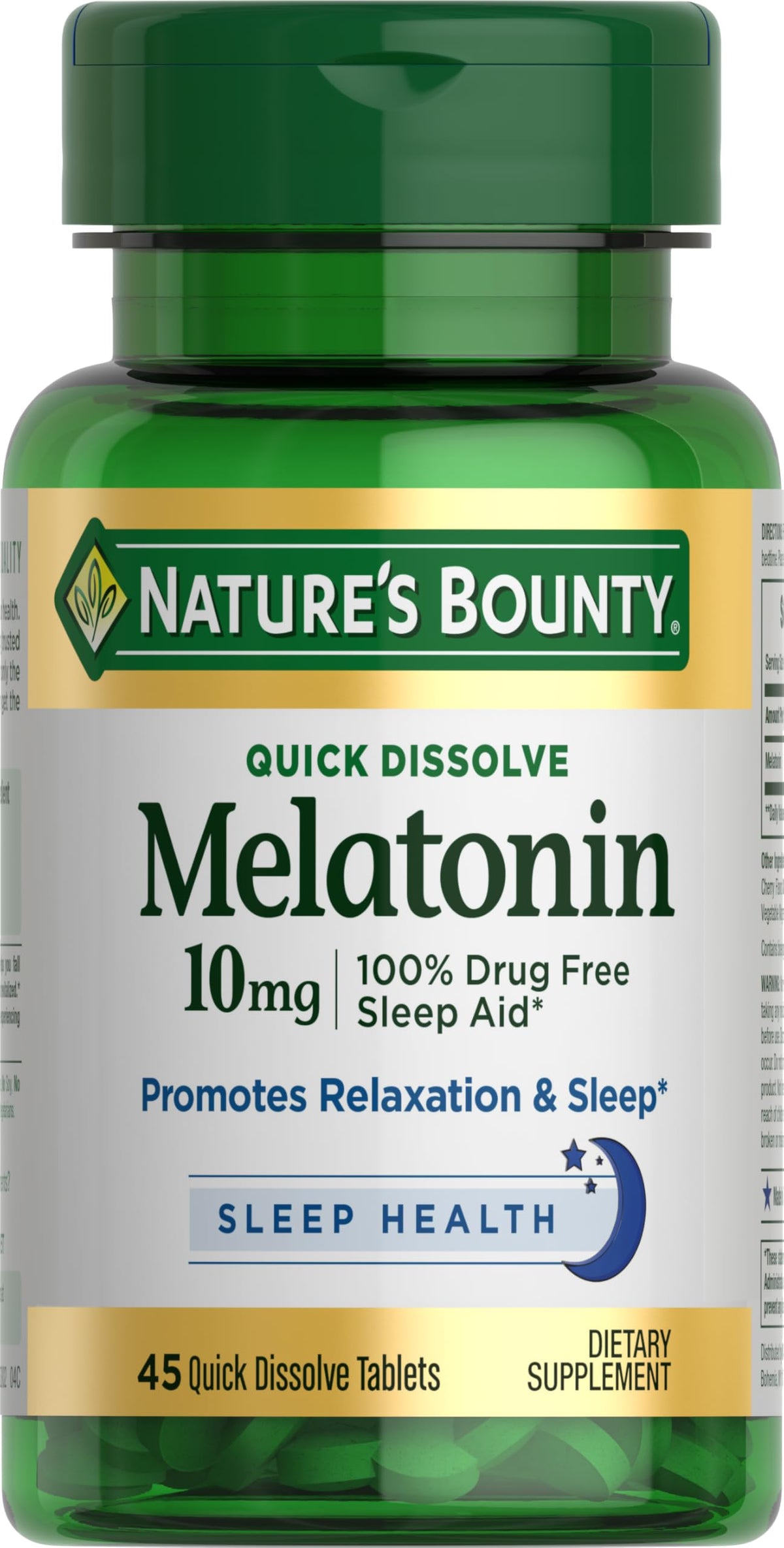 Nature's Bounty Melatonin 10mg bottle label promotes calm, ready for bedtime.
