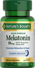 Nature's Bounty Melatonin 10mg bottle label promotes calm, ready for bedtime.