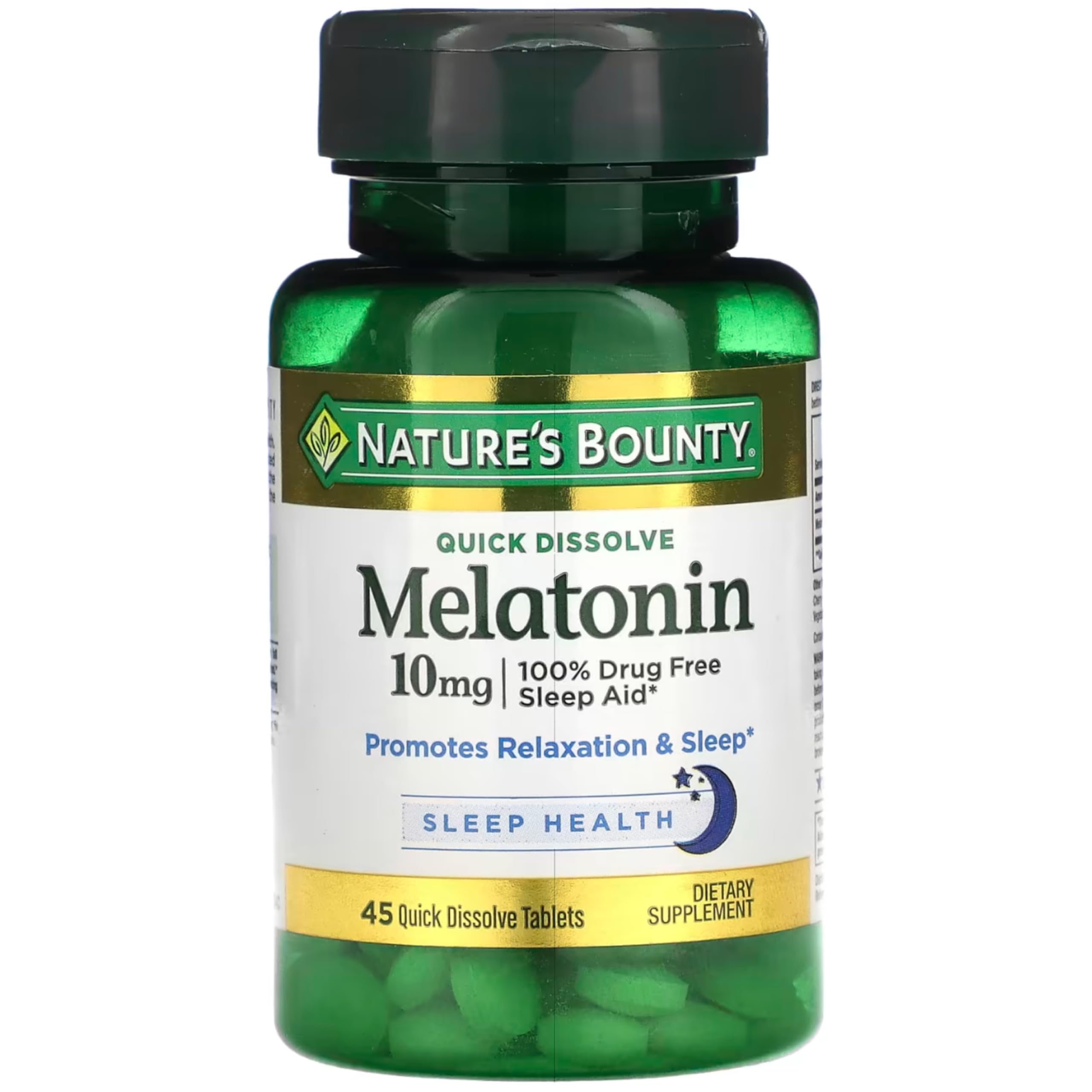 Nature's Bounty Melatonin 10 mg quick-dissolve bottle on nightstand for easy bedtime use