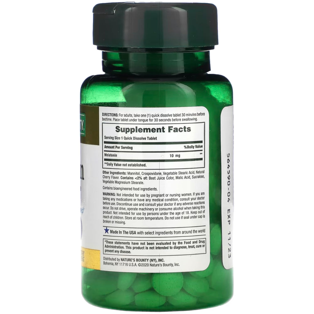 Nature's Bounty Melatonin quick-dissolve tablet dissolving under tongue for fast, discreet use