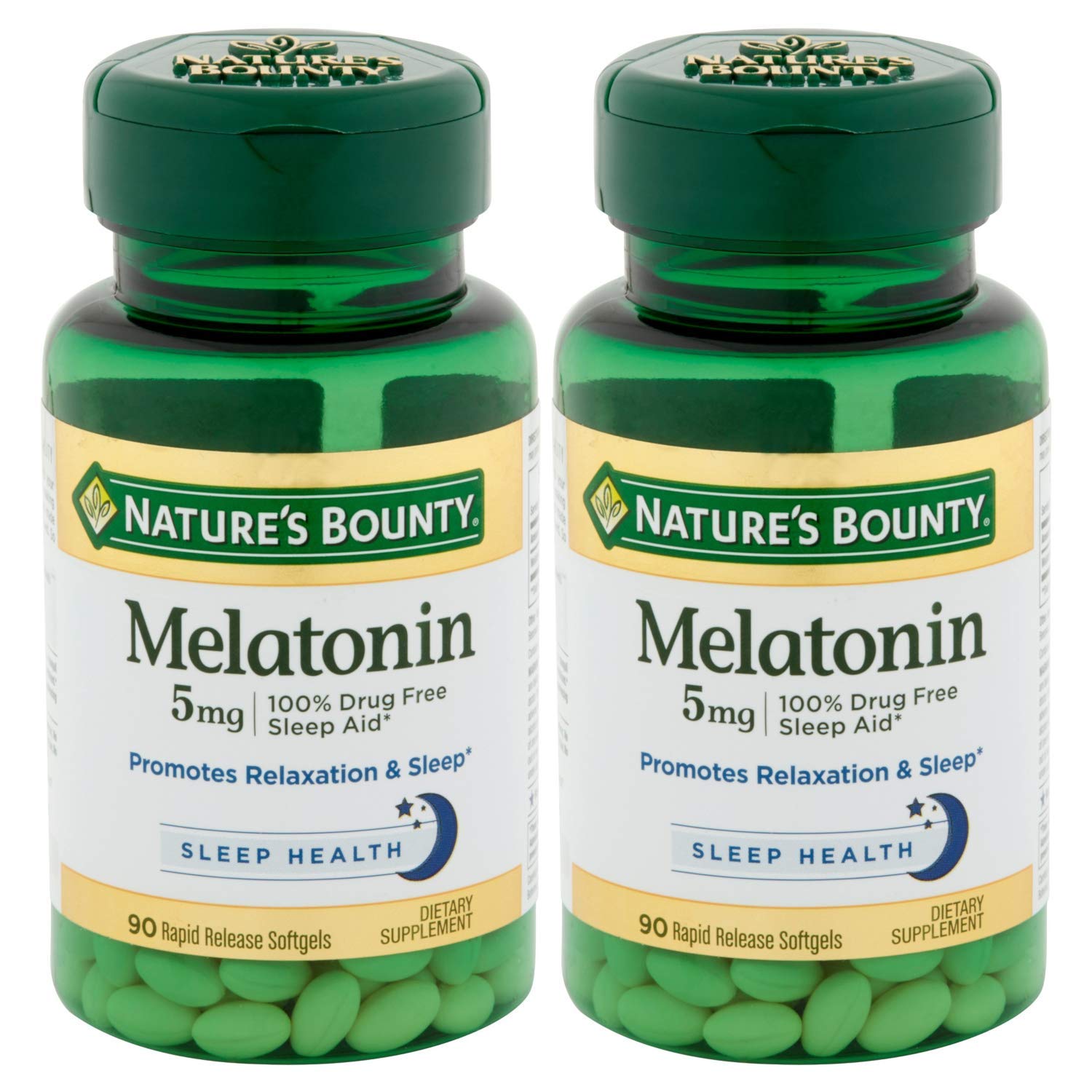 Nature's Bounty Melatonin 5mg softgels bottle supports calm, restful evenings