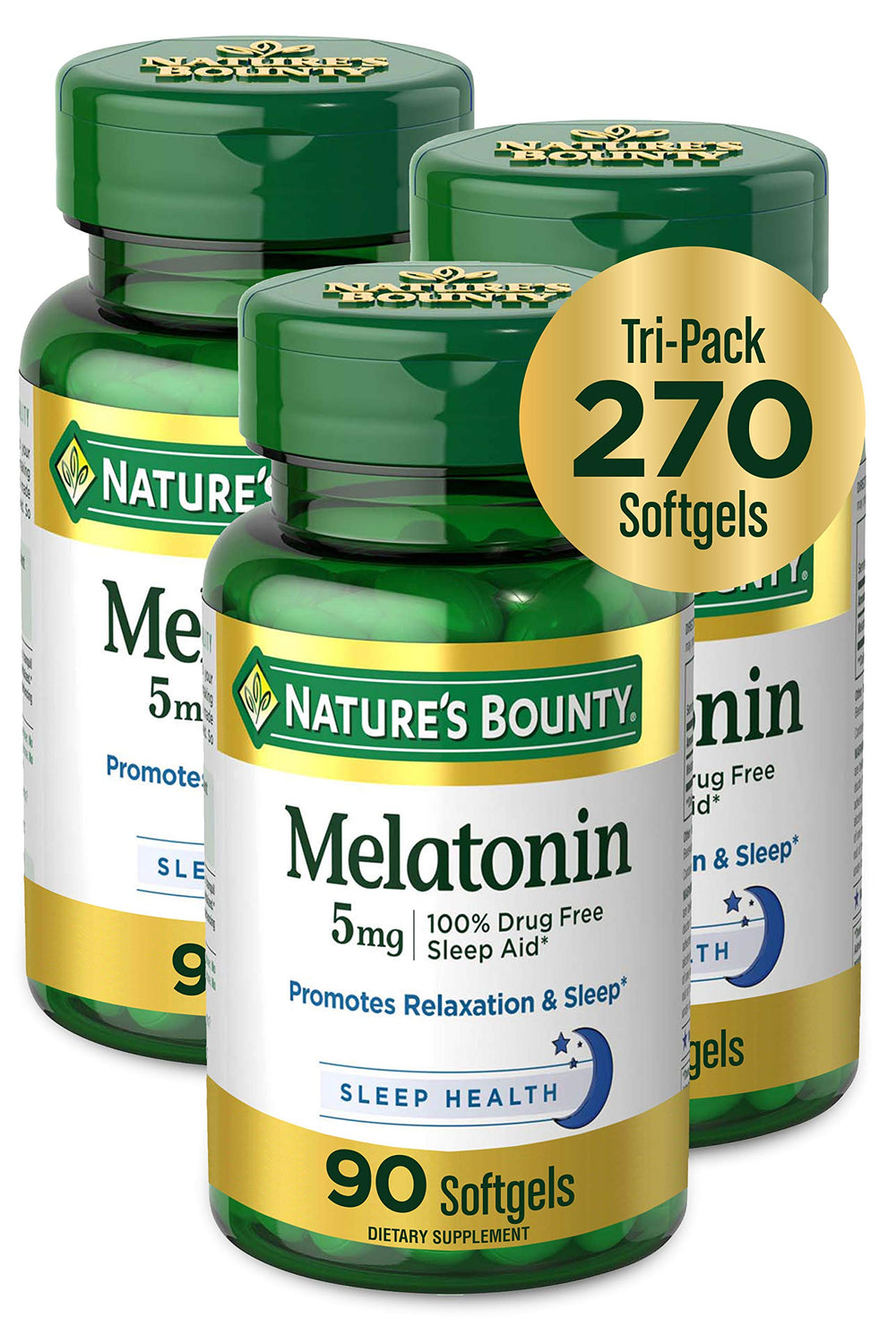 Nature's Bounty Melatonin 5 mg bottle front showing packaging and tablets for relaxed sleep support
