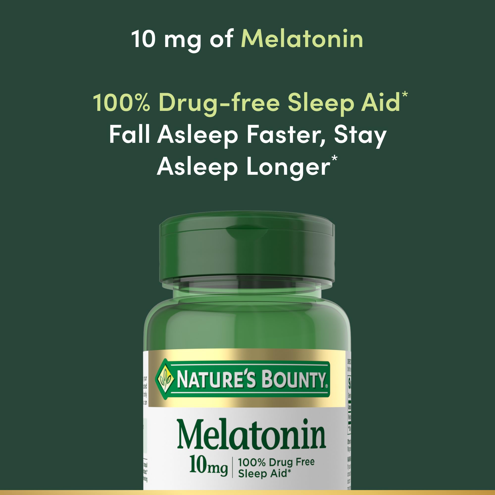 Close-up of Nature's Bounty Melatonin tablets at 10 mg each