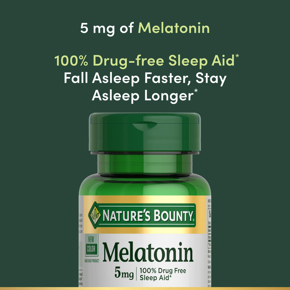 Nature's Bounty Melatonin bottle label front highlighting non-GMO and gluten-free features.