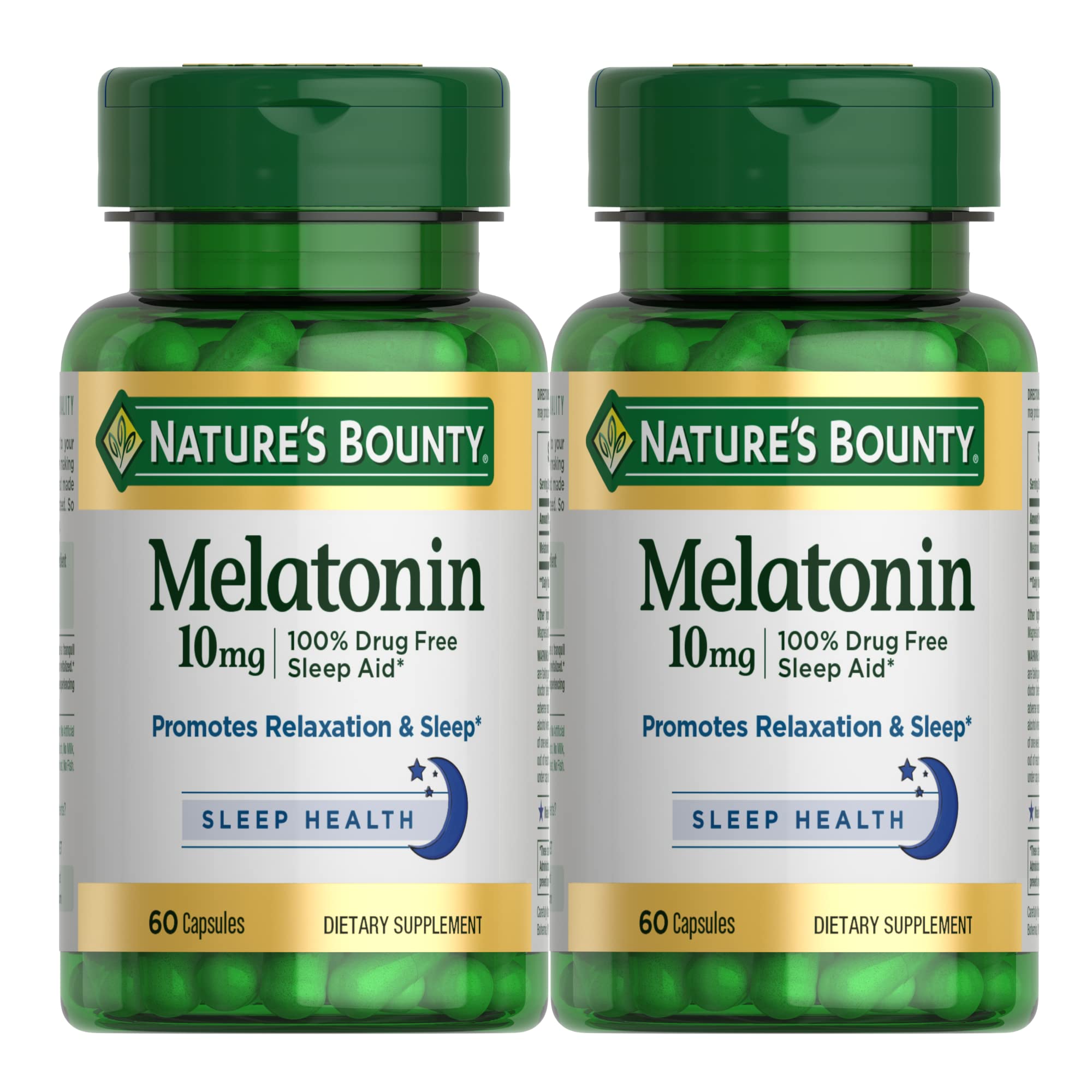 Nature's Bounty Melatonin capsules close-up showing rest support.