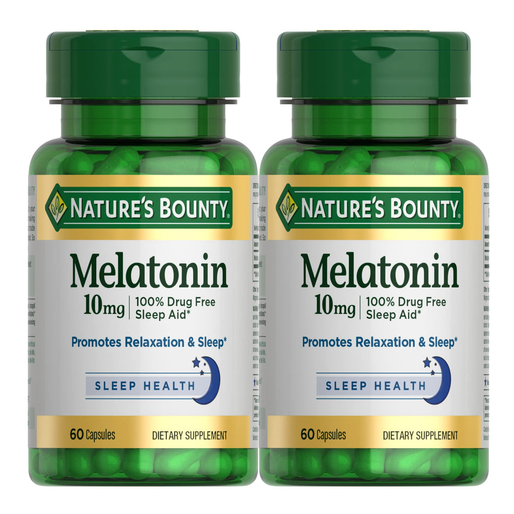Nature's Bounty Melatonin capsules close-up showing rest support.