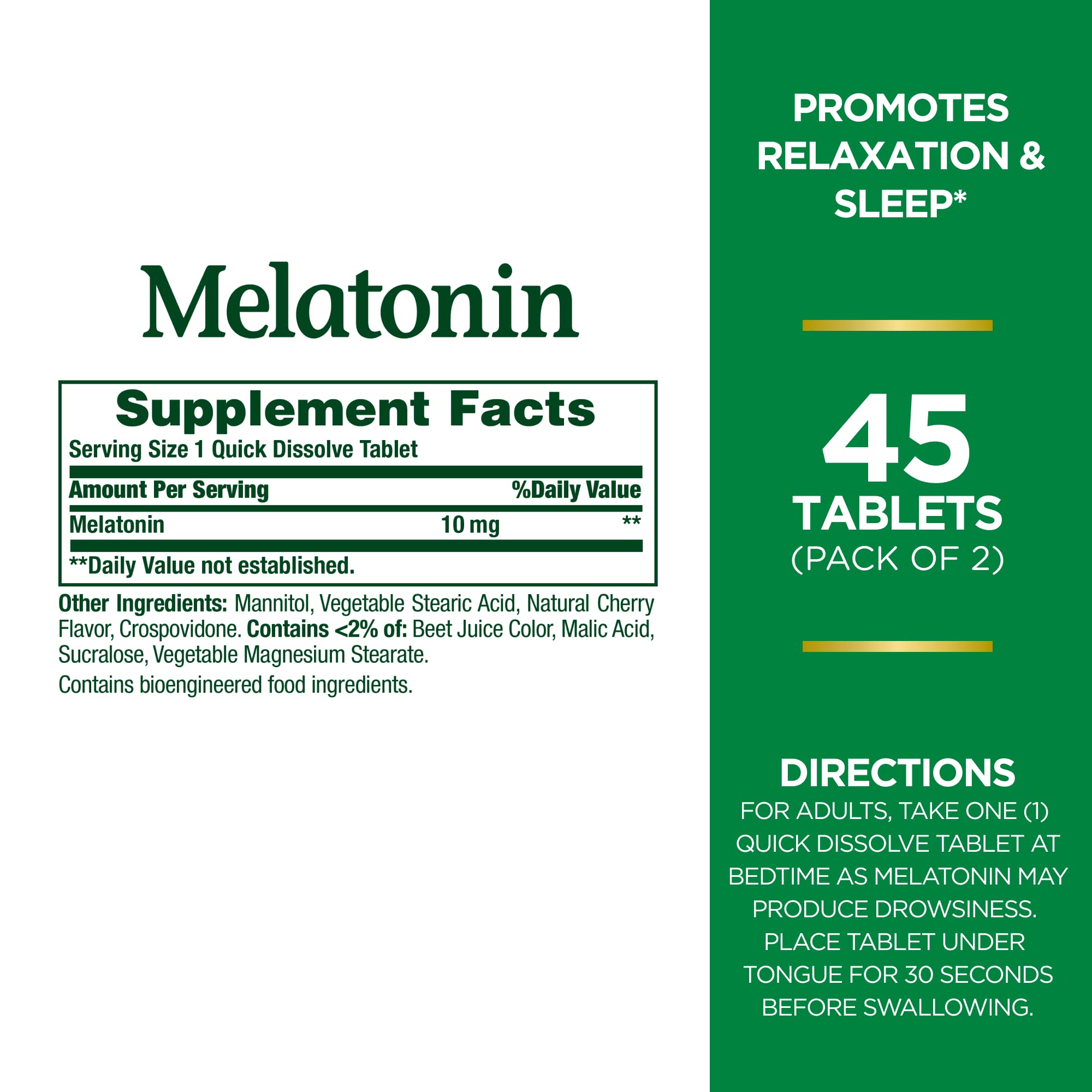 Nature's Bounty Melatonin Quick Dissolve packaging shows a 45-count pack for convenient sleep support.