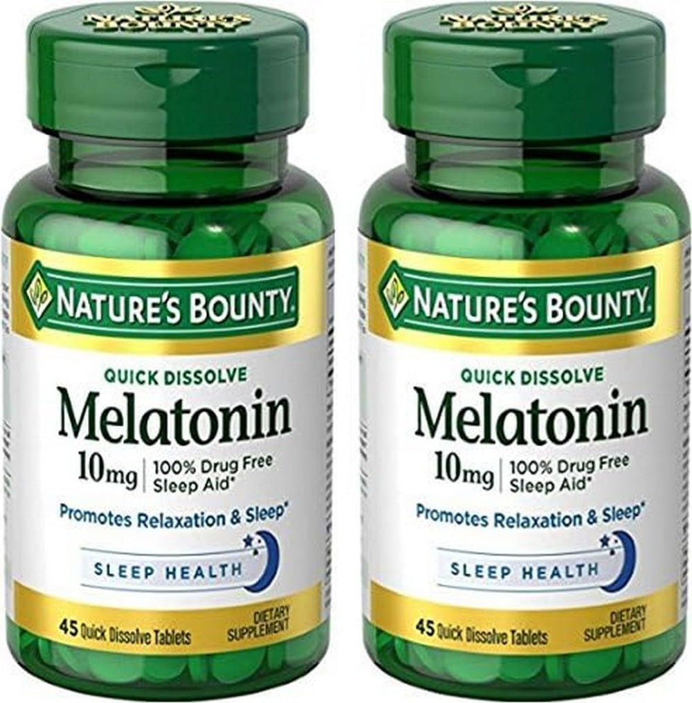 Nature's Bounty Melatonin Quick Dissolve tablets in bottle support relaxation and calm bedtimes.