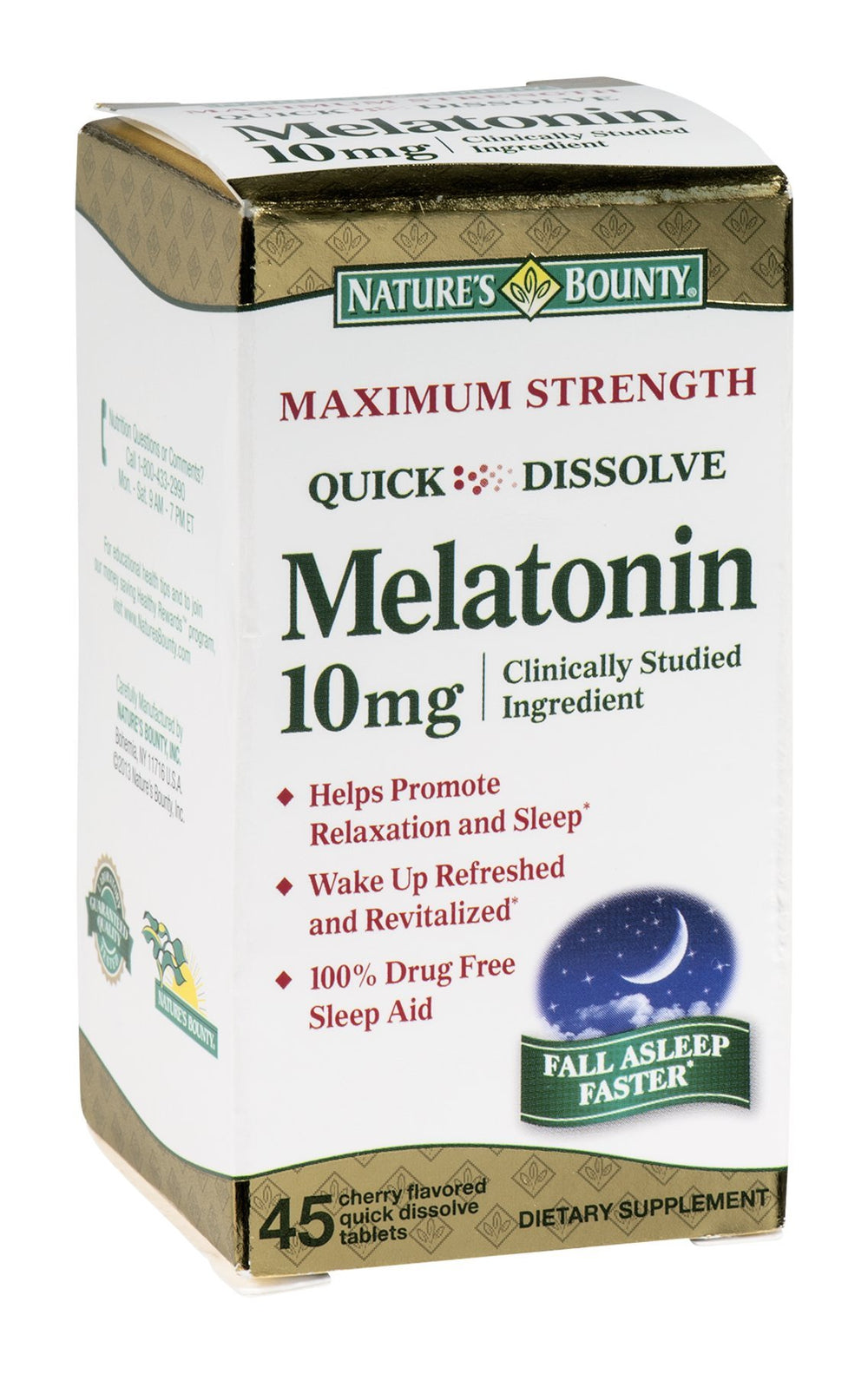 Nature's Bounty Melatonin quick-dissolve tablets front view for tranquil sleep support.