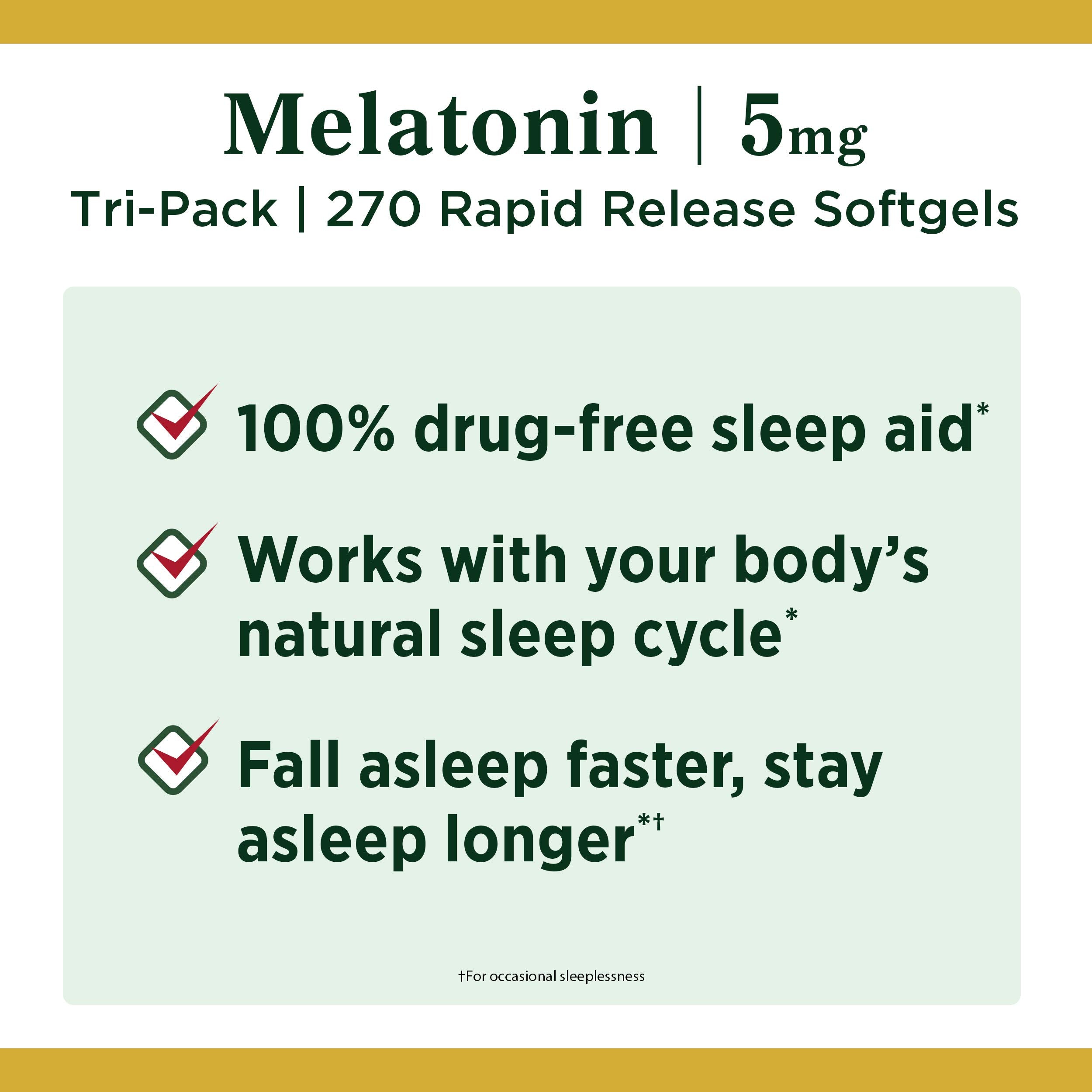 Closeup of Nature's Bounty Melatonin 5 mg tablets for dosing clarity