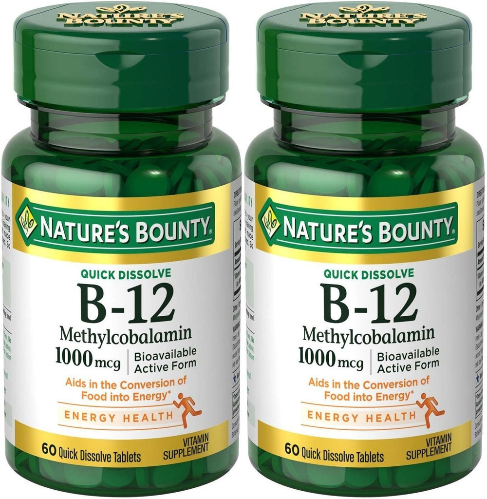 Nature's Bounty methylcobalamin B12 microlozenge bottle ready for daily use to support energy metabolism.