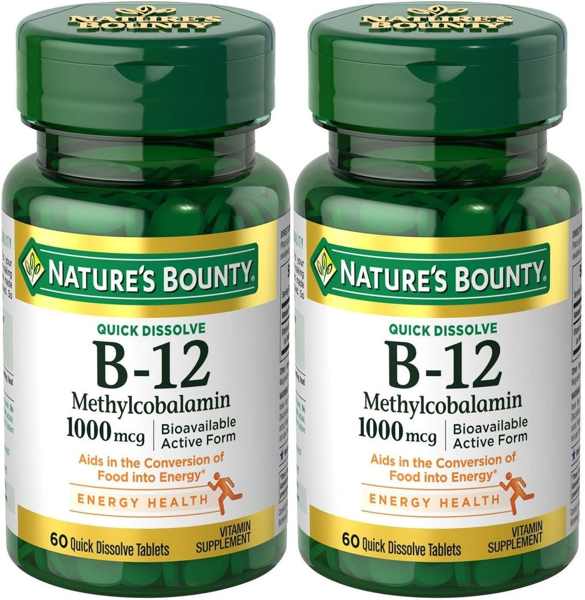 Nature's Bounty methylcobalamin B12 microlozenge bottle ready for daily use to support energy metabolism.