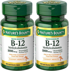 Nature's Bounty methylcobalamin B12 microlozenge bottle ready for daily use to support energy metabolism.
