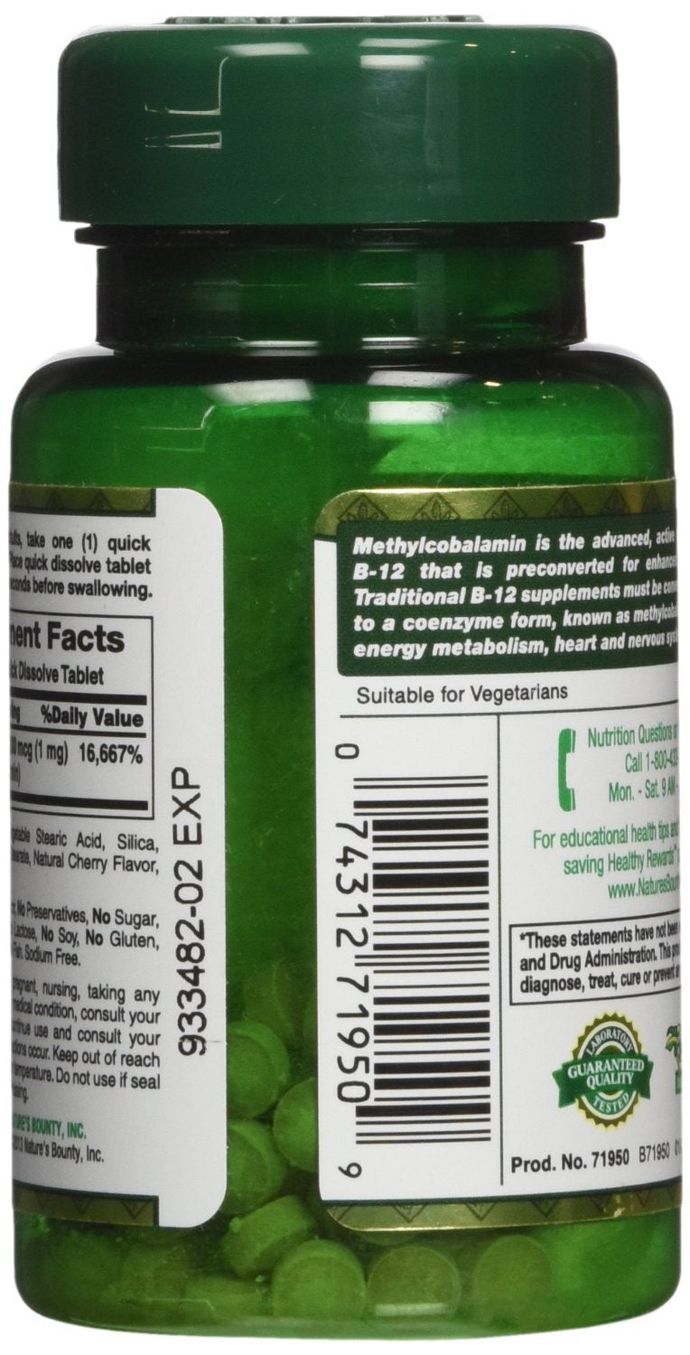 Nature's Bounty methylcobalamin B12 microlozenge tablets close-up showing cherry flavor for nervous system support.