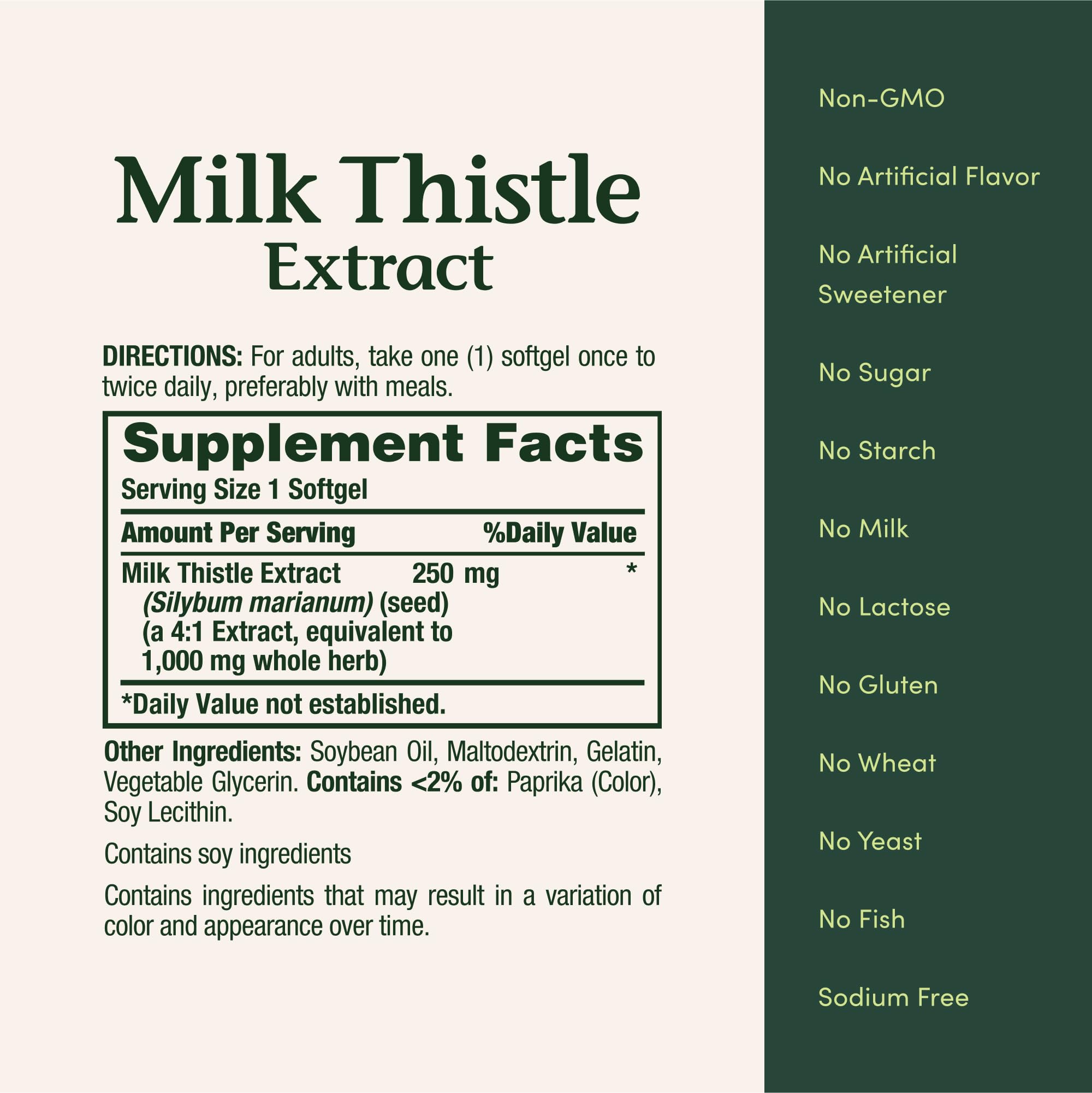 Nature's Bounty Milk Thistle non-GMO label emphasizes clean supplement choices.