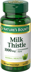 Nature's Bounty Milk Thistle 1000mg softgels bottle, ideal for daily wellness support.